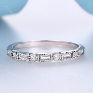 Art Deco Moissanite Diamond Wedding Ring/Baguette Diamond Ring/Half Eternity Band/Diamond Stacking Band/Gift for Her/White Gold Ring Gift