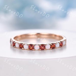 Opal Garnet Wedding Ring,Opal Stacking Eternity Band,Garnet Pave Matching Band,Solid Rose Gold Promise Ring,January October Birthstone Ring