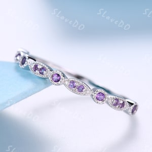 Art deco Amethyst Engagement Ring Half Eternity Band Milgrain Purple Amethyst Wedding Ring Stackable Matching Band Sterling Silver Ring Gift
