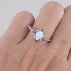 Pear shaped Opal Engagement ring 14K white gold vintage engagement ring Opal Diamond wedding ring art deco promise ring anniversary ring