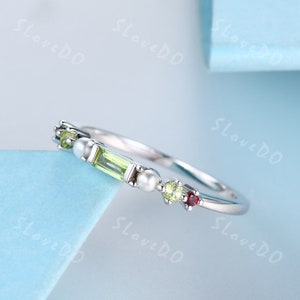 Vintage Peridot Wedding Band: Baguette Cut, Pearl & Garnet Stacking Ring
