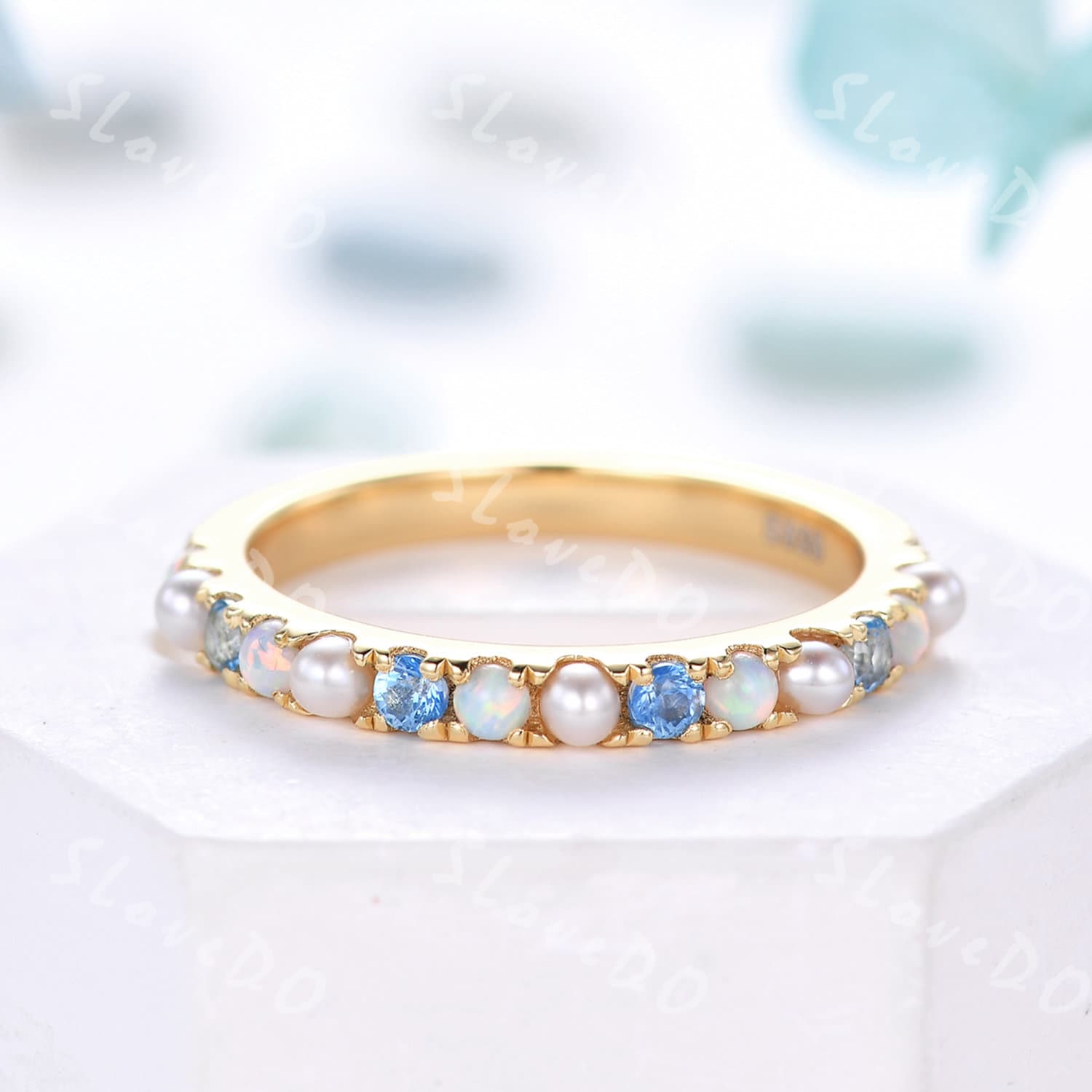 14K Gold Swiss Blue Topaz Ring: Opal Pearl Eternity Band