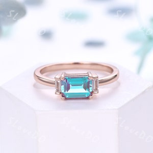 Dainty Alexandrite Moissanite Band,Emerald Cut Alexandrite Wedding Ring,14K Rose Gold Stacking Band,Baguette Moissanite June Birthstone Ring
