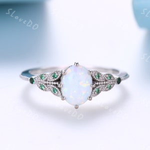 Opal & Emerald Engagement Ring 14K Solid White Gold Ring Vintage White Fire Opal Ring October Birthstone Art Deco Promise Ring Gift for her