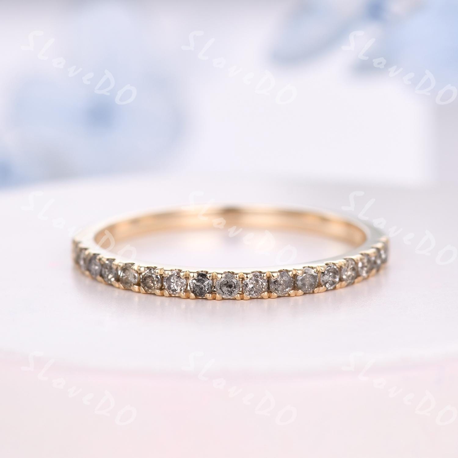 Salt and Pepper Diamond Pave Ring,Half Eternity Diamond Ring,Solid Gold Diamond Wedding Band,Grey Diamond Matching Band,Promise Gift For Her
