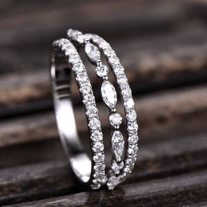 Solid White Gold Diamond or Moissanite Wedding Band 10K/14K/18K Gold Stacking Ring handcrafted three row Marquise and Round Shape
