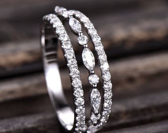 White Gold Marquise Moissanite Wedding Band: Three Row Stacking Ring