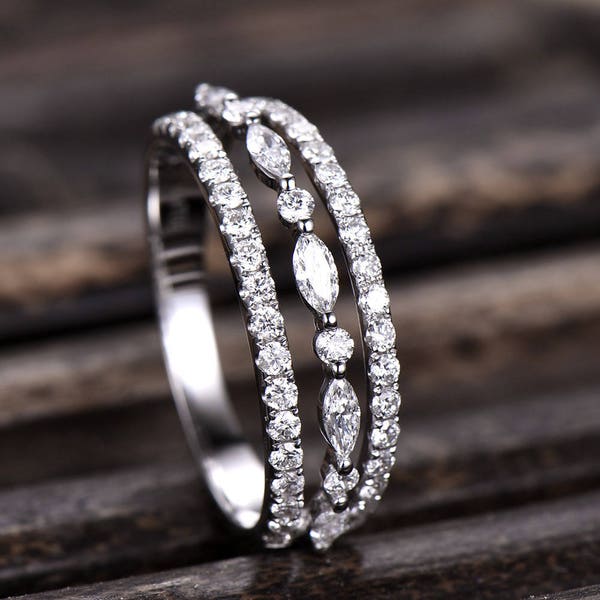 Alliance marquise moissanite en or blanc : bagues superposables à trois rangs