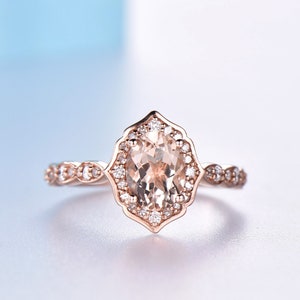 Morganite 14K Rose Gold Ring Oval Morganite Ring Vintage Antique Art deco Halo Diamond Wedding Band Pink Gemstone Promise Ring