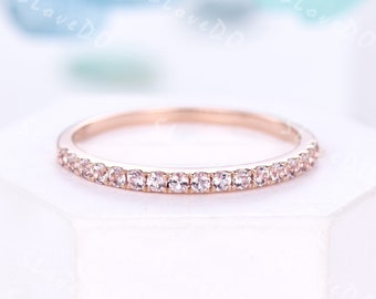 Danity Morganite Wedding Band,Pink Morganite Stone,Unique Engagement Ring Matching Stacking Band,Half Eternity Band Promise Gift For Her