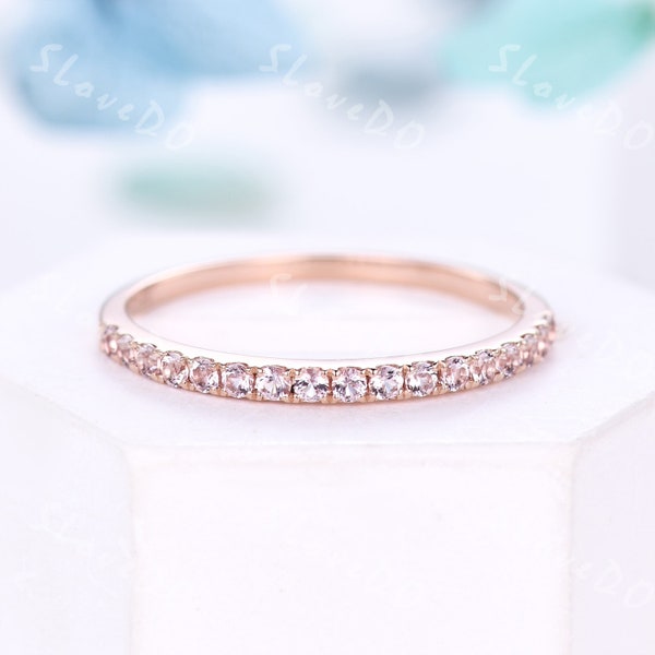 Danity Morganite Wedding Band,Pink Morganite Stone,Unique Engagement Ring Matching Stacking Band,Half Eternity Band Promise Gift For Her