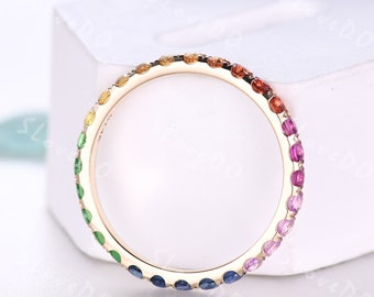 Gradient Eternity Ring,2mm Rainbow Ring,Tsavorite,Blue Sapphire,Yellow Sapphire,Orange Sapphire,Pink Sapphire,14k Gold Pave Promise Ring