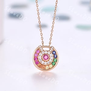 Multicolor Pendant,Unique Rainbow Necklace,Moissanite jewelry,Sapphire Solid Gold Necklace,Handmade Gift,Family Gems,Women Personalized Gift
