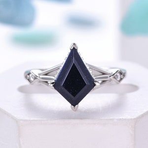 Kite Cut Blue Sandstone Engagement Ring,Unique Dainty Galaxy Ring,Diamond Stacking Wedding Band,Art Deco White Gold Anniversary Promise Ring