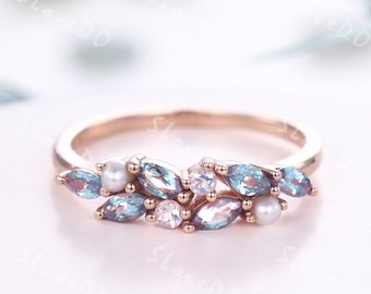 Marquise Cut Alexandrite Wedding Band,Natural Moonstone & Pearl Cluster Ring,Rose Gold Ring,Promise Gift,June Birthstone,Alexandrite Jewelry