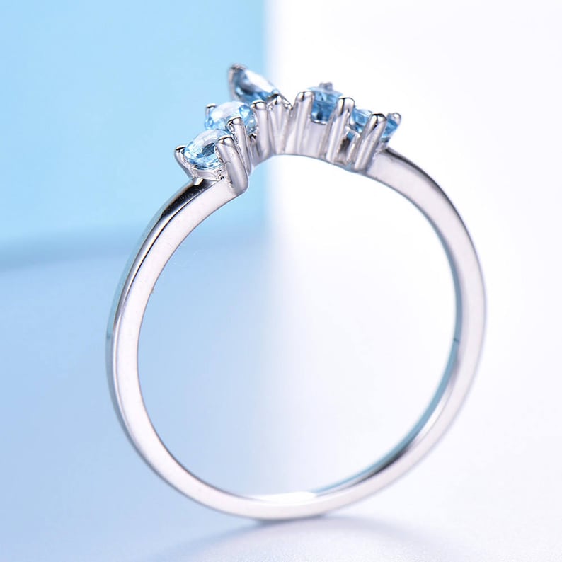 Blue Topaz Wedding Band 10K14K18K White Gold Moissanite Diamond Ring handcrafted Marquise and Round Shape Curved matching band