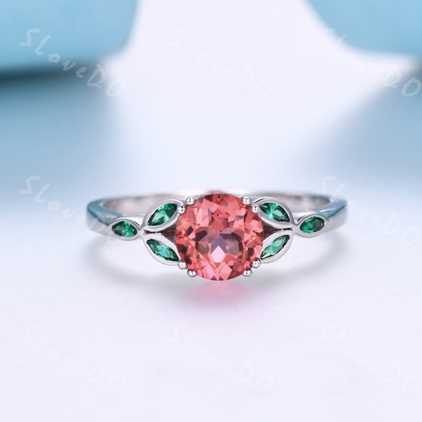 1.2ct Round Cut Padparadscha Sapphire Ring,Marquise Shaped Emerald Ring,Sterling Silver Ring,Sapphire Promise Ring,Anniversary Gift For Her
