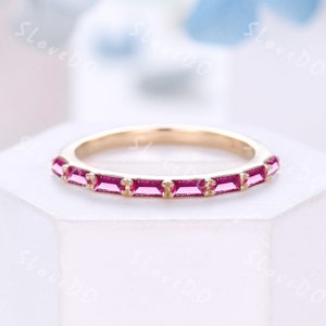 Vintage Red Ruby Engagement Ring Unique Baguette Cut Ruby Wedding Band Stackable Solid Gold Ring July Birthstone Anniversary Promise Gift