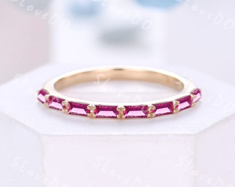 Vintage Baguette Cut Ruby Ring: Solid Gold Wedding Band