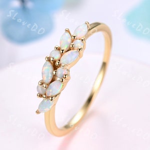 Dainty White Opal Wedding Band,Marquise Opal Cluster Ring,October Birthstone,Vintage Stackable Matching Ring Unique Bridal Gift Solid Gold