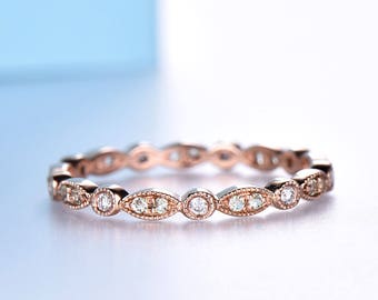 Solid Rose Gold Diamond Wedding Band 10K/14K/18K Gold Matching Band Full eternity Moissanite Stacking Ring handcrafted Milgrain Bezel Set