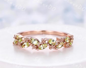 Natural Peridot Eternity Wedding Band Marquise Cut Floral Cluster Ring 10K Rose Gold Dainty Minimalist Bridal Ring August Birthstone Gift