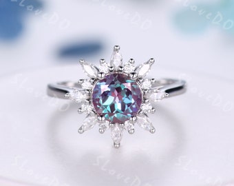 Vintage Alexandrite Engagement Ring: Moissanite Band, Color Change, Sterling Silver