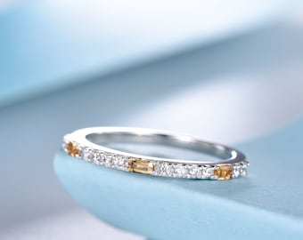 14k Gold Citrine Diamond Ring: November Birthstone Eternity Band