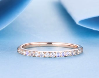 Dainty Moonstone Wedding Band, Simple Moonstone Ring, Rose Gold Ring, Pave Band, Anniversary Ring, Moonstone Jewelry, Christmas Gift
