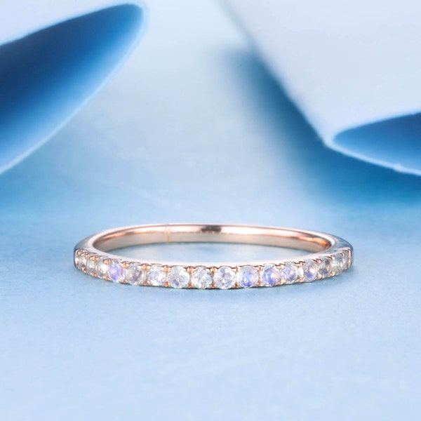 Dainty Moonstone Wedding Band, Simple Moonstone Ring, Rose Gold Ring, Pave Band, Anniversary Ring, Moonstone Jewelry, Christmas Gift