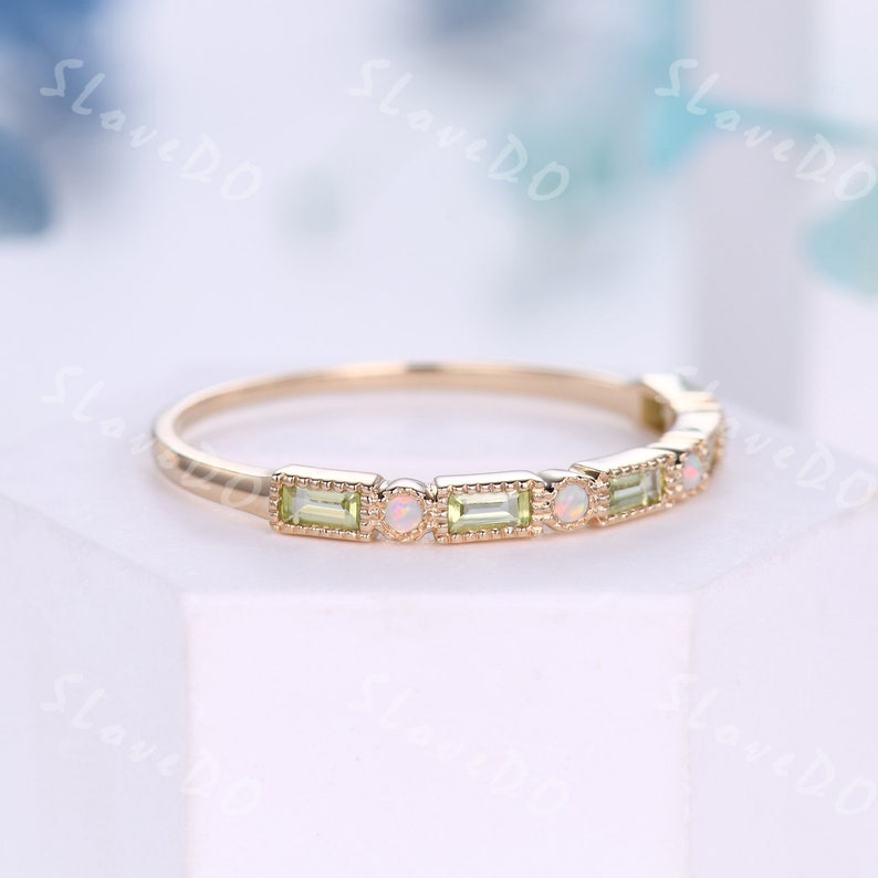 Vintage Peridot Opal Wedding Band,Baguette Cut Yellow Gold Wedding Ring,Unique Stacking Band,Birthstone Ring,Anniversary Gift,Promise Ring image 3