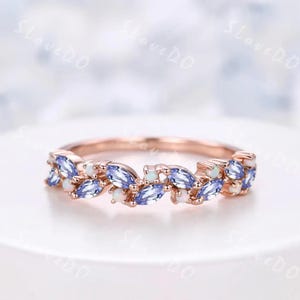 Tanzanite Opal Wedding Band,Art Deco Opal Stack Band,Marquise Tanzanite Matching Band,Rose Gold Cluster Ring,October & December Birthstone