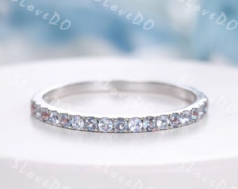 Alexandrite Moonstone Wedding Ring Half Eternity Band Pave Matching Band Silver Stacking Ring June Birthstone Ring Anniversary Promise Gift
