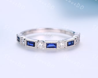 Baguette Sapphire Art Deco Ring: Diamond 14K White Gold Wedding Band