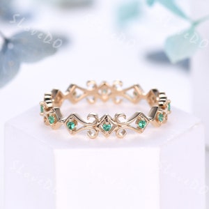 Art Deco Emerald Wedding Band Full Eternity Wedding Ring Unique Stacking Matching Band May Birthstone Bridal Wedding Ring Gift for her