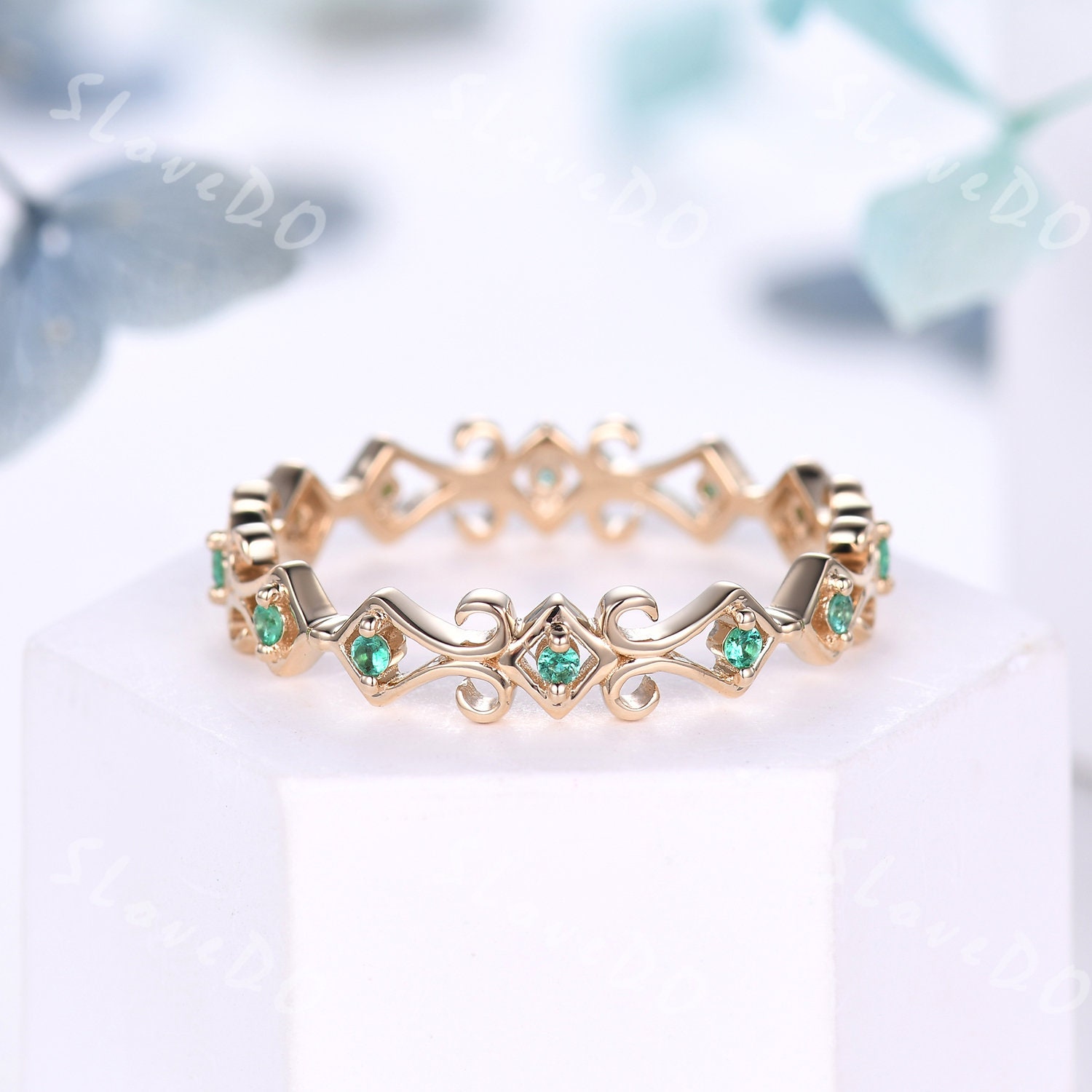 Art Deco Emerald Wedding Band Full Eternity Wedding Ring Unique Stacking Matching Band May Birthstone Bridal Wedding Ring Gift for her