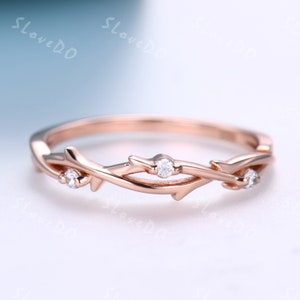 Vintage round cut diamond twig wedding band,Art deco 14k solid gold leaf promise ring,Delicate twisted vines band anniversary ring,twig ring