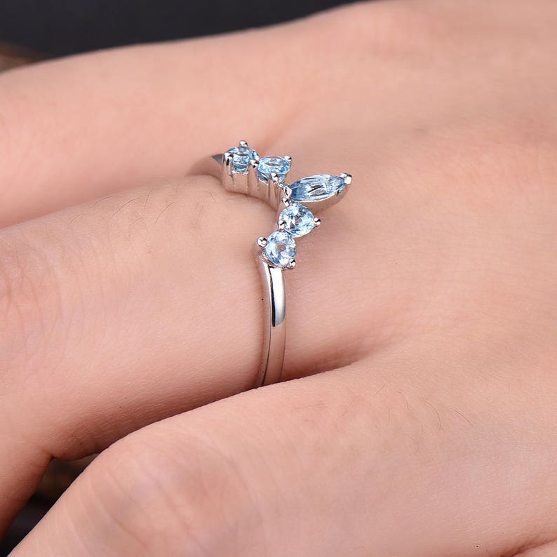 Blue Topaz Wedding Band 10K14K18K White Gold Moissanite Diamond Ring handcrafted Marquise and Round Shape Curved matching band