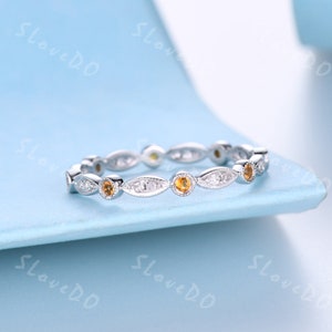 Banda de boda de diamantes citrino amarillo, banda de apilamiento de citrino de eternidad completa art déco, anillo de oro blanco, anillo de piedra de nacimiento de noviembre, regalo de mujeres nupciales