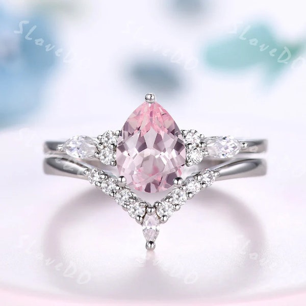 Pear Pink Sapphire Engagement Ring Set Vintage Moissanite Cluster Wedding Ring Set Teardrop Promise Ring Art Deco Jewelry Anniversary Gift