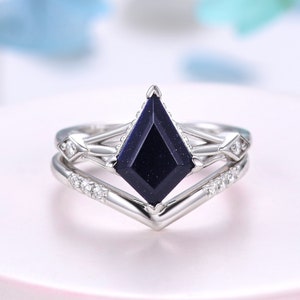 Kite Cut Blue Sandstone Engagement Ring Set,Unique Dainty Galaxy Ring,Diamond Stacking Wedding Band,Vintage Bridal Ring Set Anniversary Gift