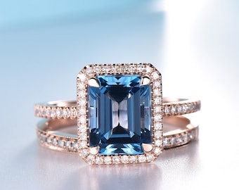Anello di fidanzamento con topazio blu di Londra: alone di diamanti, fede nuziale in oro 14 carati