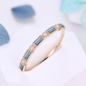 Vintage Alexandrite Opal Wedding Band,Baguette Cut Gold Wedding Ring,Unique Stacking Band,June Birthstone Ring,Anniversary Gift,Promise Ring