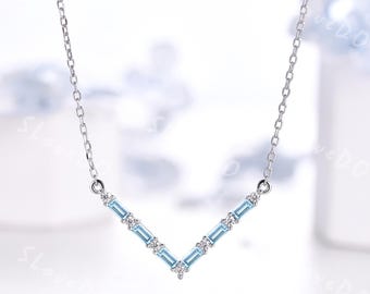 Swiss Blue Topaz Chevron Necklace Sterling Silver V Shaped Pendant Topaz Jewelry Gift Dainty Diamond Geometric Necklace November Birthstone