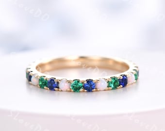 Emerald, Sapphire & Opal Eternity Ring: 14K Gold Wedding Band