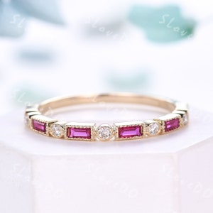 Baguette Red Ruby Wedding Band: Art Deco Diamond Stacking Ring