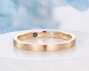 Hidden Duo Birthstone Brushed Matt Wedding Band 14K Gold Plain Wedding Ring with Secret Diamond Stacking Matching Band Women Promise Ring