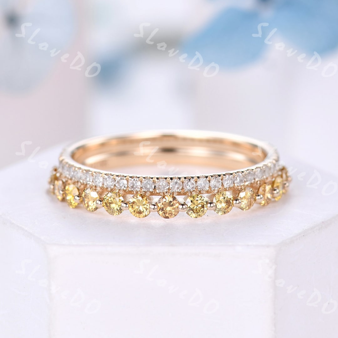 Natural Yellow Diamond Wedding Band: 14K Gold Double Row Eternity Ring ...