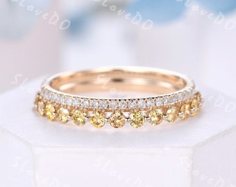 Natural Yellow Diamond Wedding Band: 14K Gold Double Row Eternity Ring