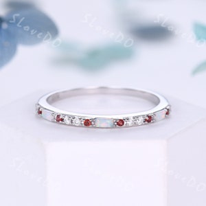 Opal Granat Diamant Ehering Weißgold Ringe für Frauen Halbe Ewigkeit Ehering Baguette Opal Ring Oktober Geburtsstein Versprechen Geschenk